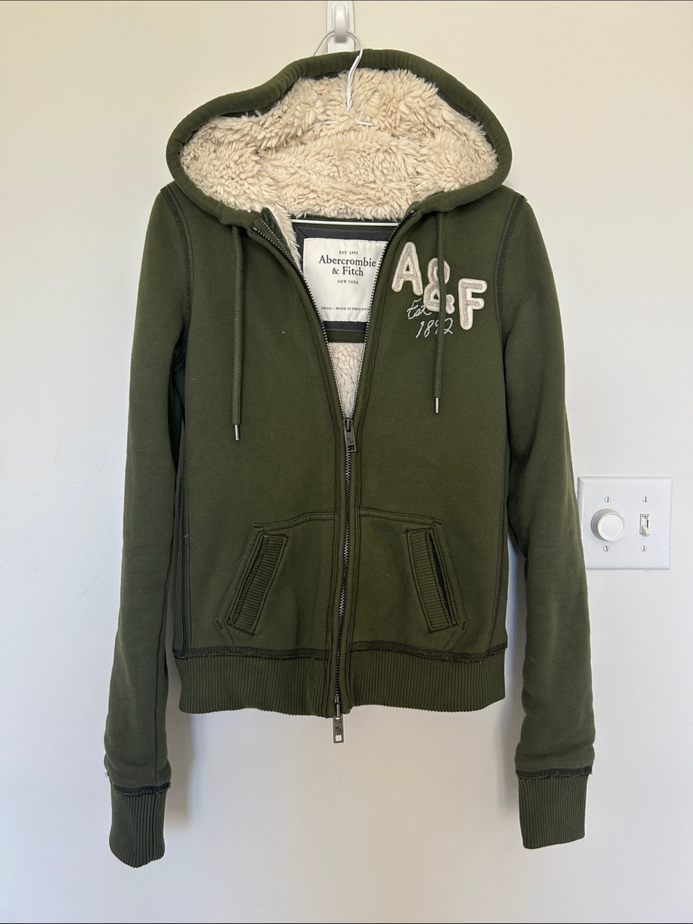Y2K Vintage Abercrombie & Fitch Hoodie Women Sz S Fur Lined Full Zip Olive Green